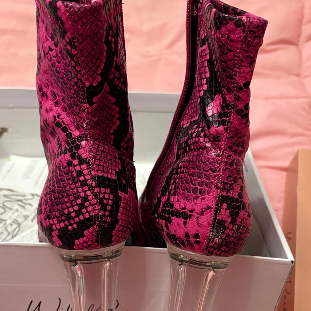 Wild Pair Fuchsia Snake Print Boots with Clear Heels. - Picture 3 of 9